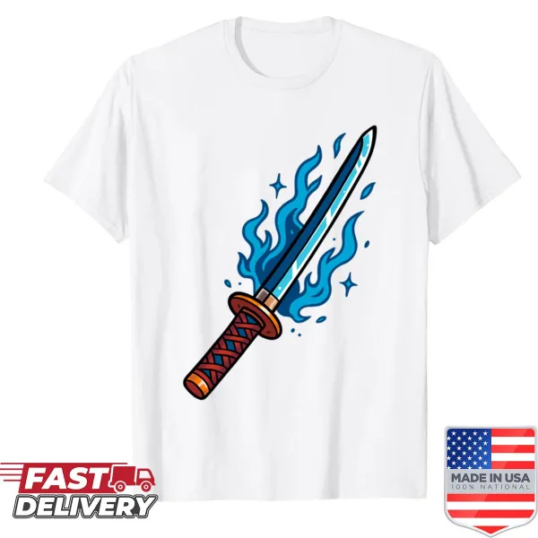 Illustration of a katana with blue flames on a T-shirt