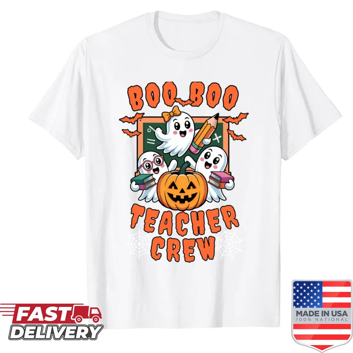 Cute ghost teacher shirt with 'Boo Boo Teacher Crew' text.