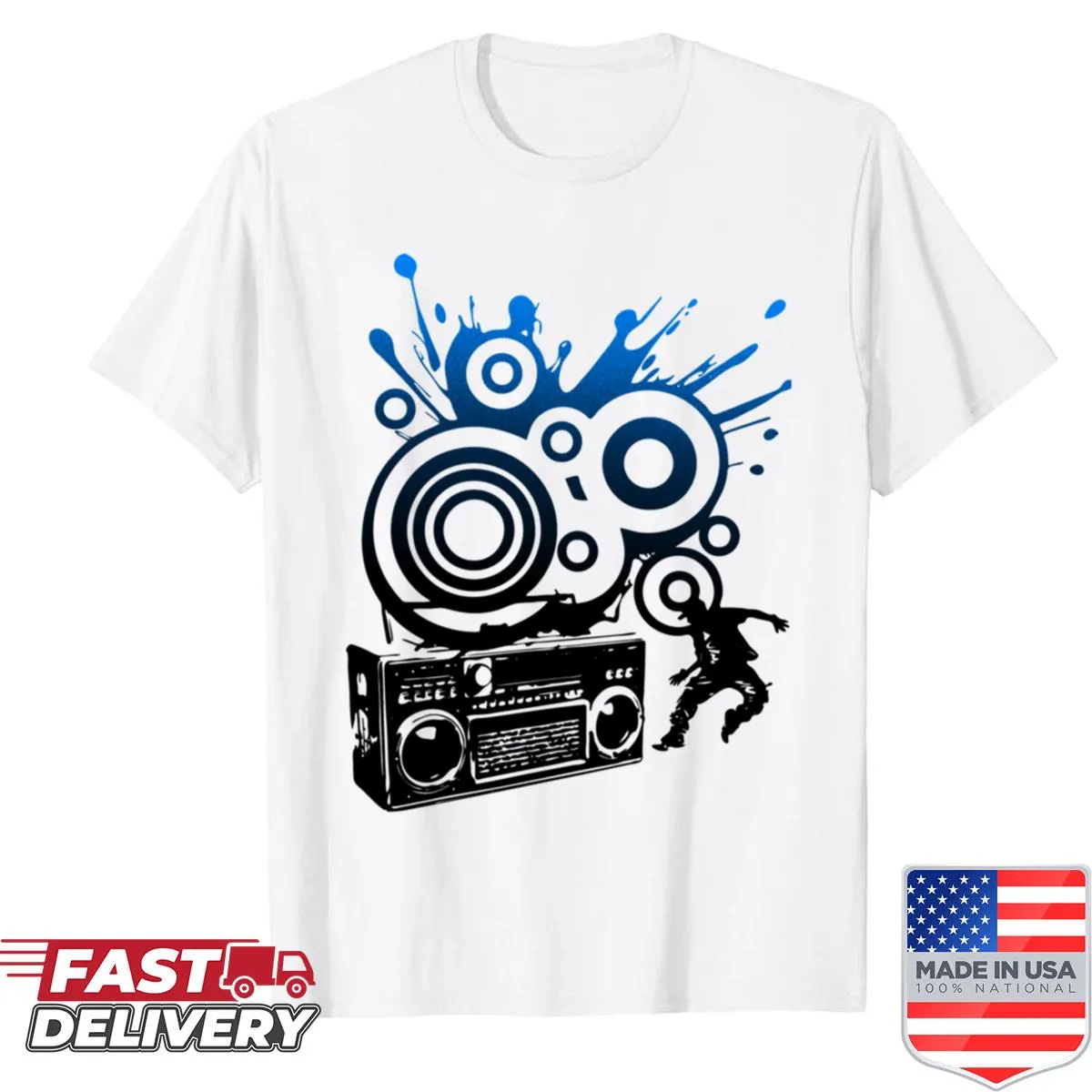 Hip hop dancer silhouette with boombox graphic on t-shirt.