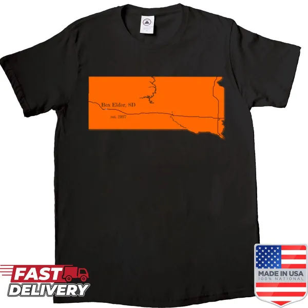 Orange shirt representing Box Elder, SD, with a bold design