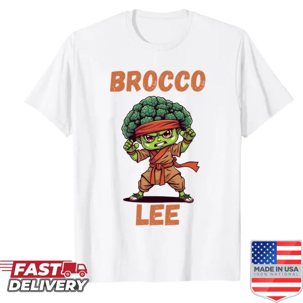 Cartoon broccoli character on a playful T-shirt