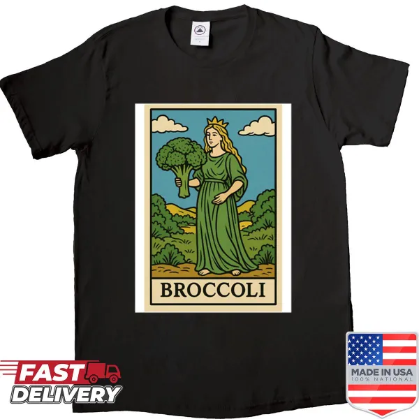Funny shirt with broccoli, tarot cards, pizza, and hamburger graphics