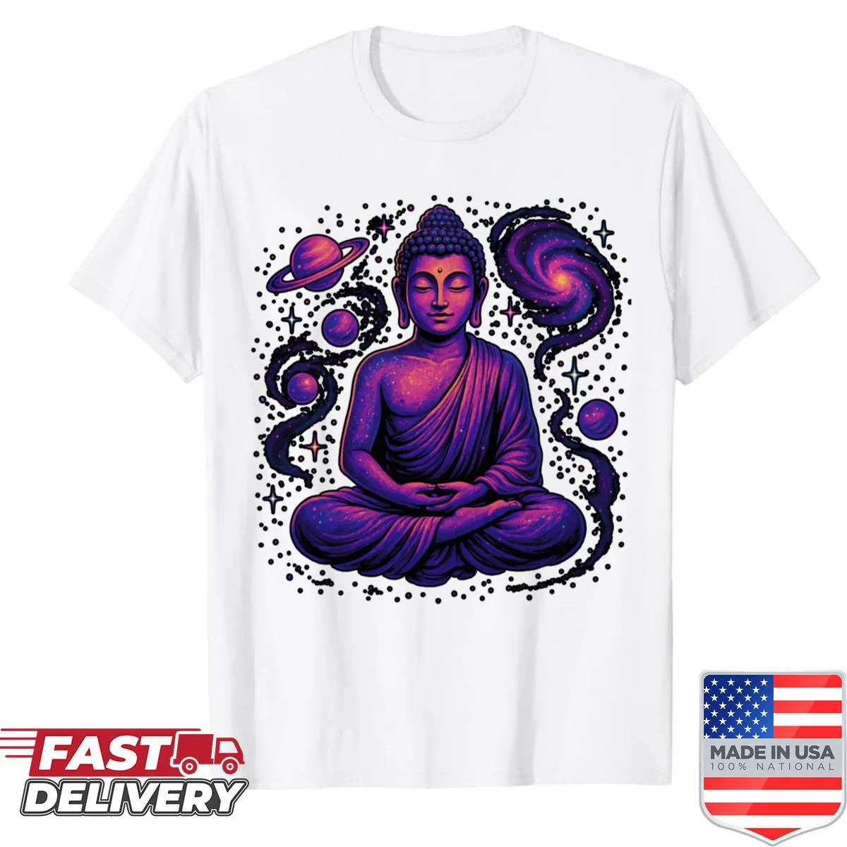 Shirt with Buddha meditating in a cosmic art design