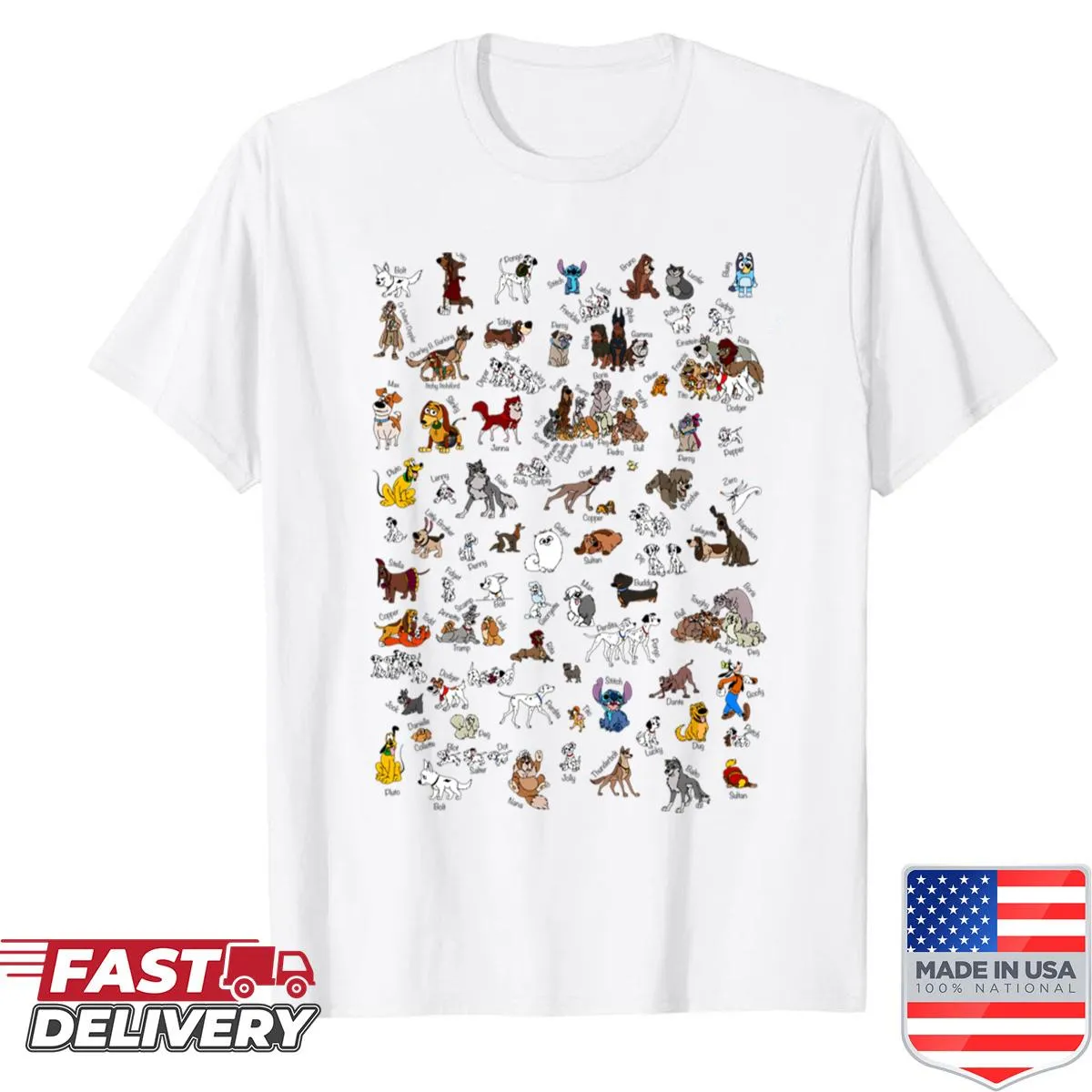 Cartoon dogs illustration shirt featuring dog names