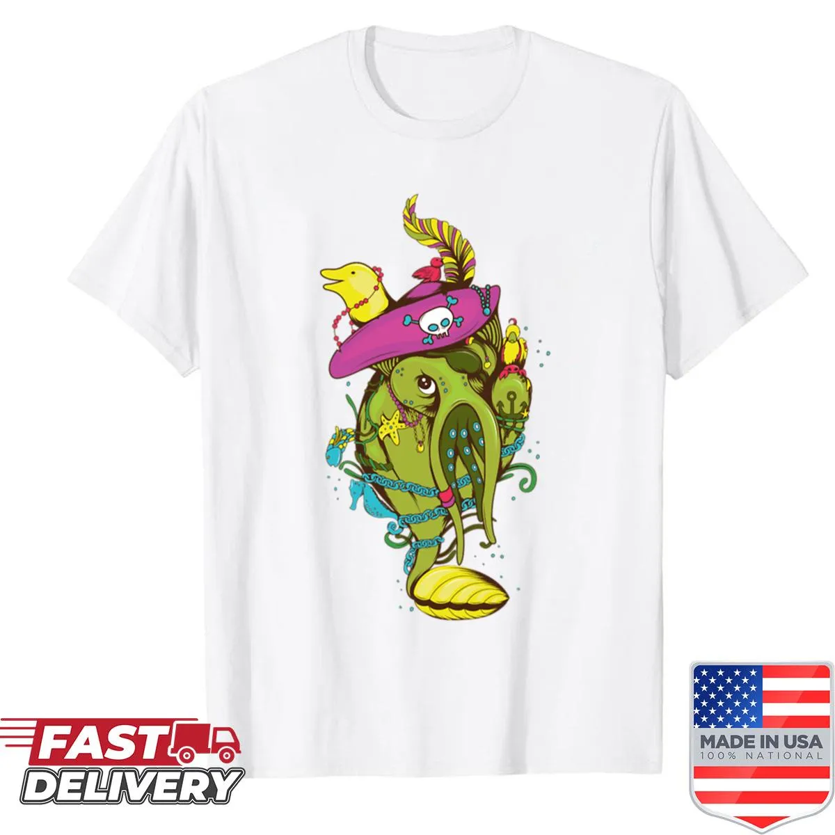 Cartoon squid t-shirt with humorous underwater illustration