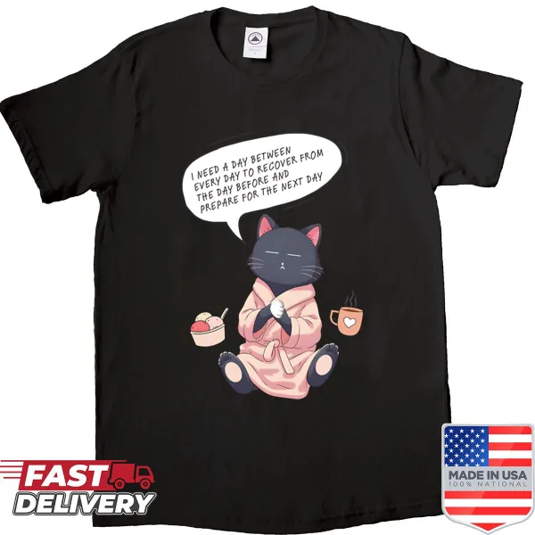 Shirt featuring a relaxed cat in recovery mode illustration