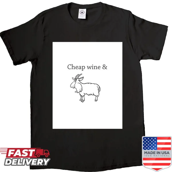 Graphic shirt featuring a three-legged goat and wine theme