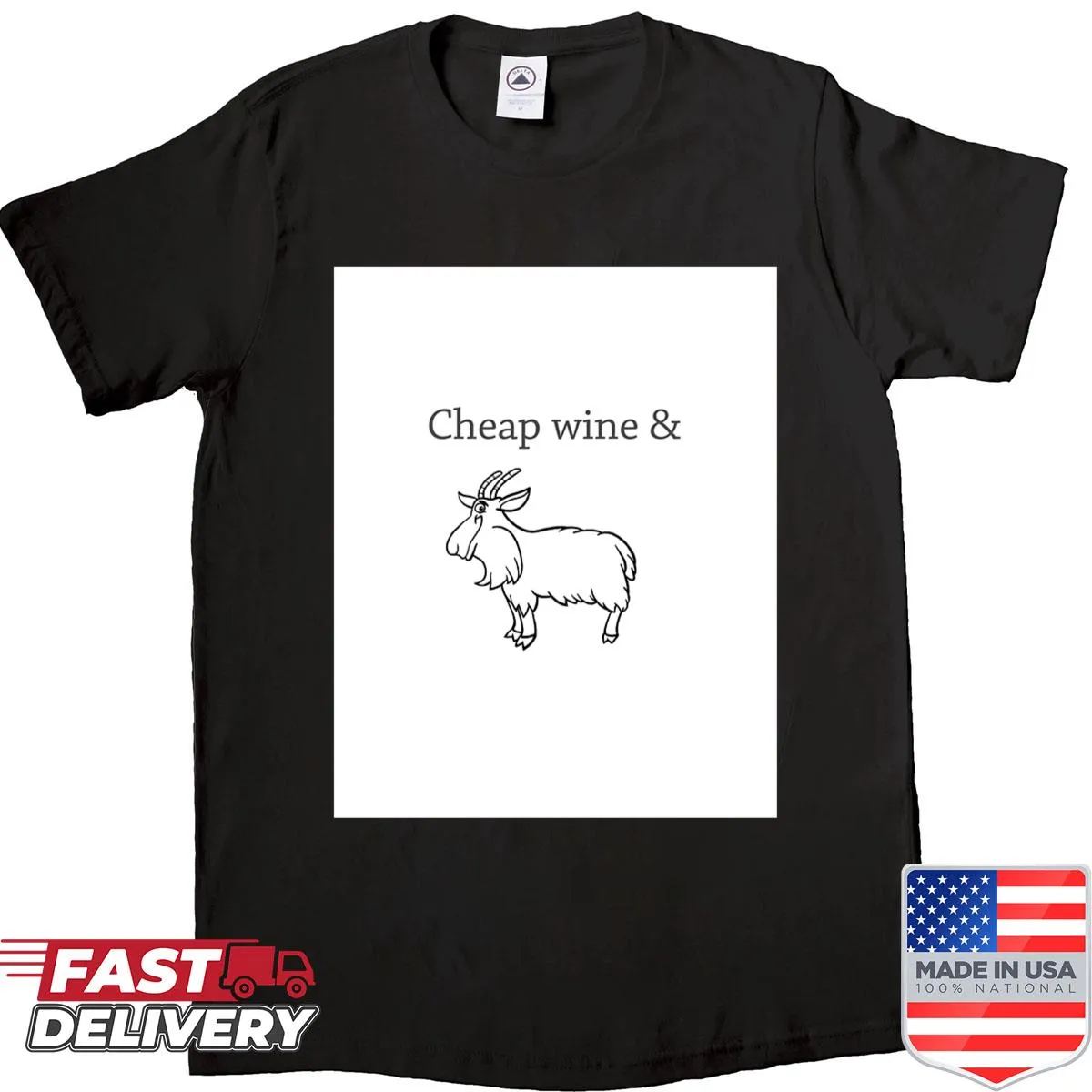 Graphic shirt featuring a three-legged goat and wine theme