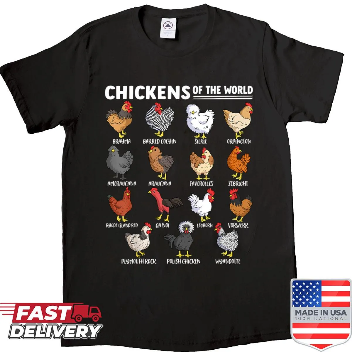 Informative shirt featuring various chicken breeds for animal lovers