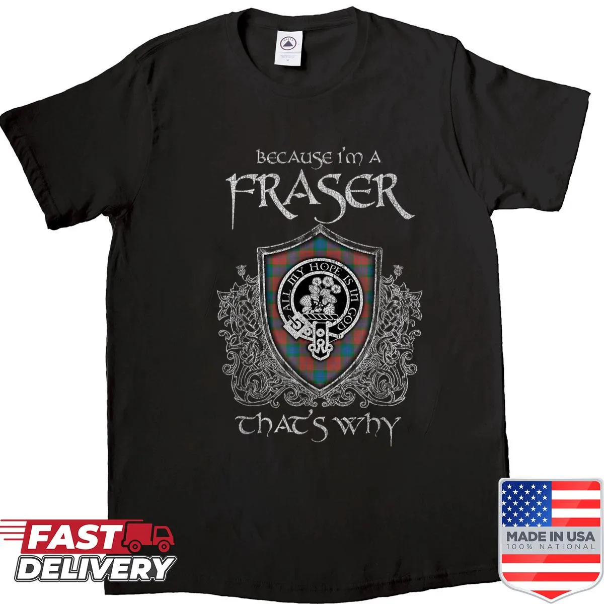 Vintage shirt showcasing the Clan Fraser crest in a distressed style.