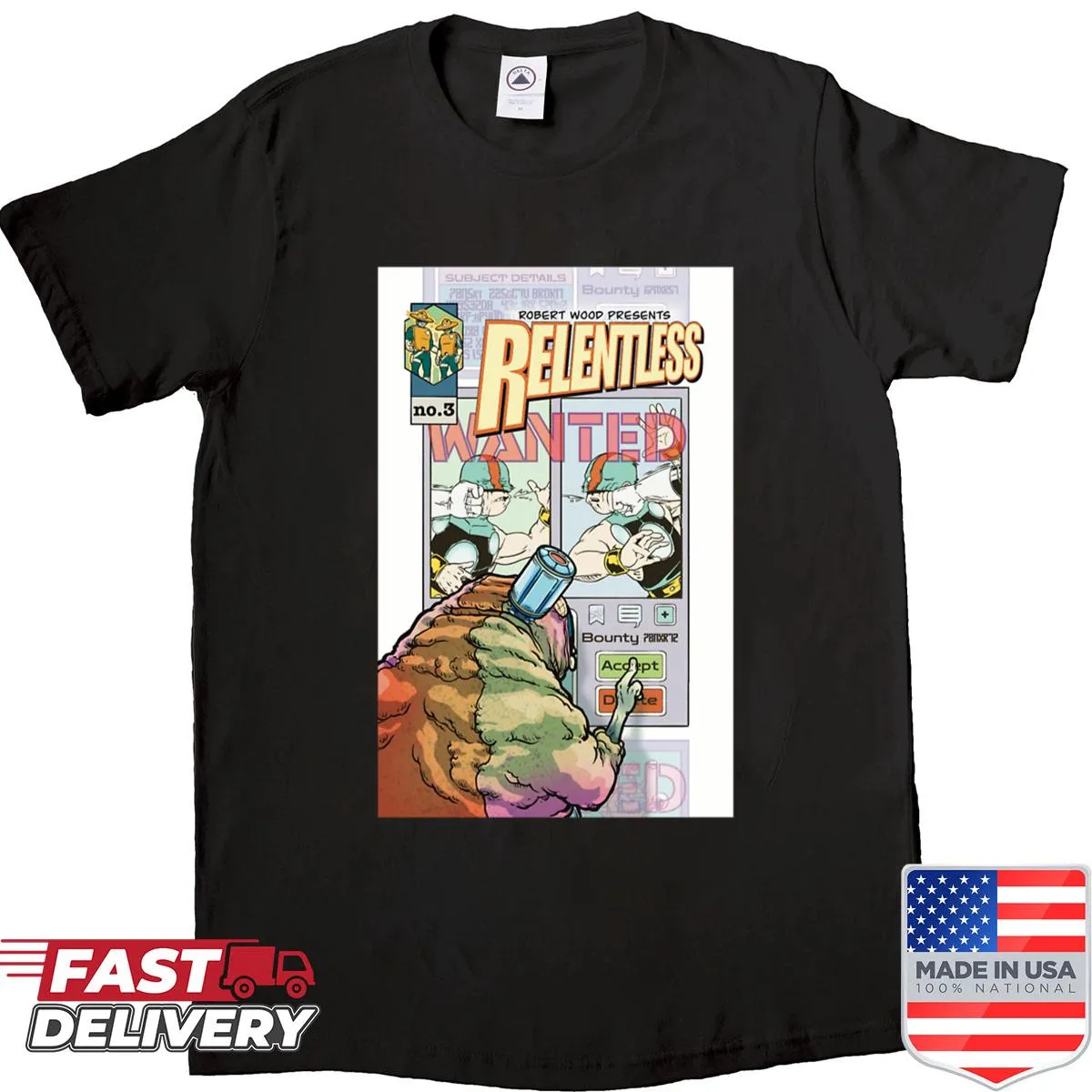 Vintage comic book cover design on a T-shirt
