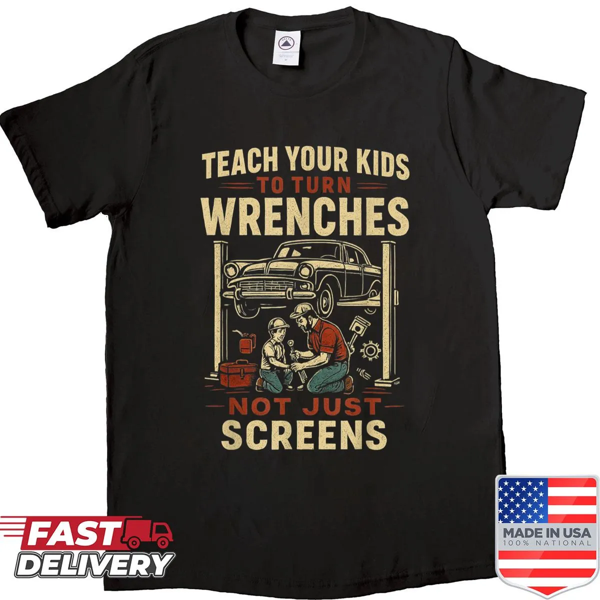 Edgy shirt promoting the idea of teaching practical skills to kids.