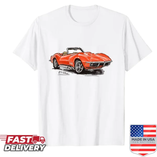 Illustration of a red Corvette C3 on a T-shirt
