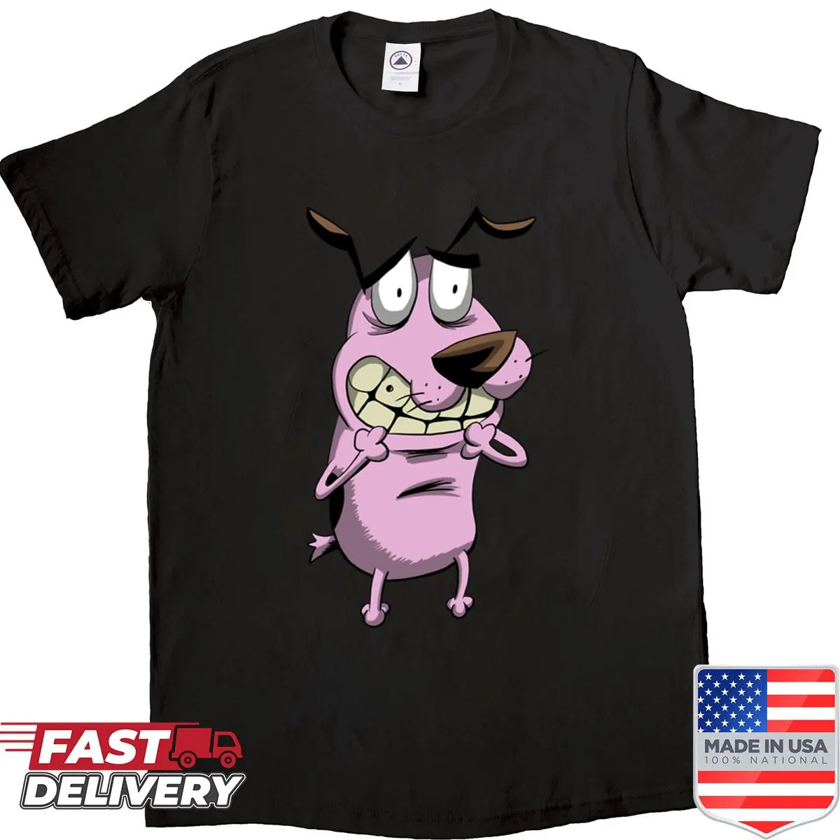 Shirt featuring a nostalgic illustration of Courage the Cowardly Dog