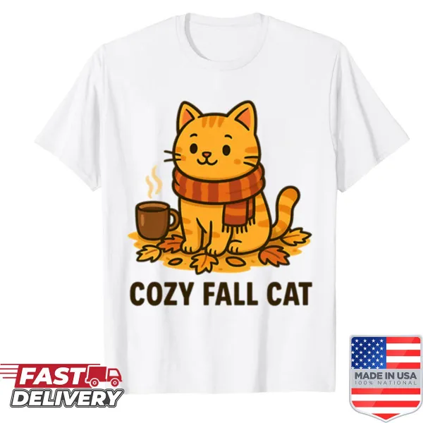 Cartoon cat in a scarf designed for fall vibes