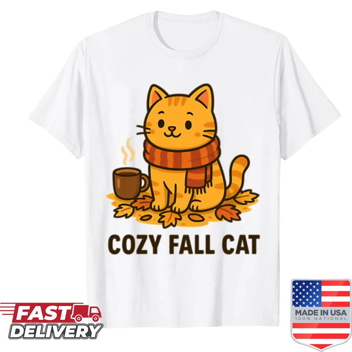 Cartoon cat in a scarf designed for fall vibes