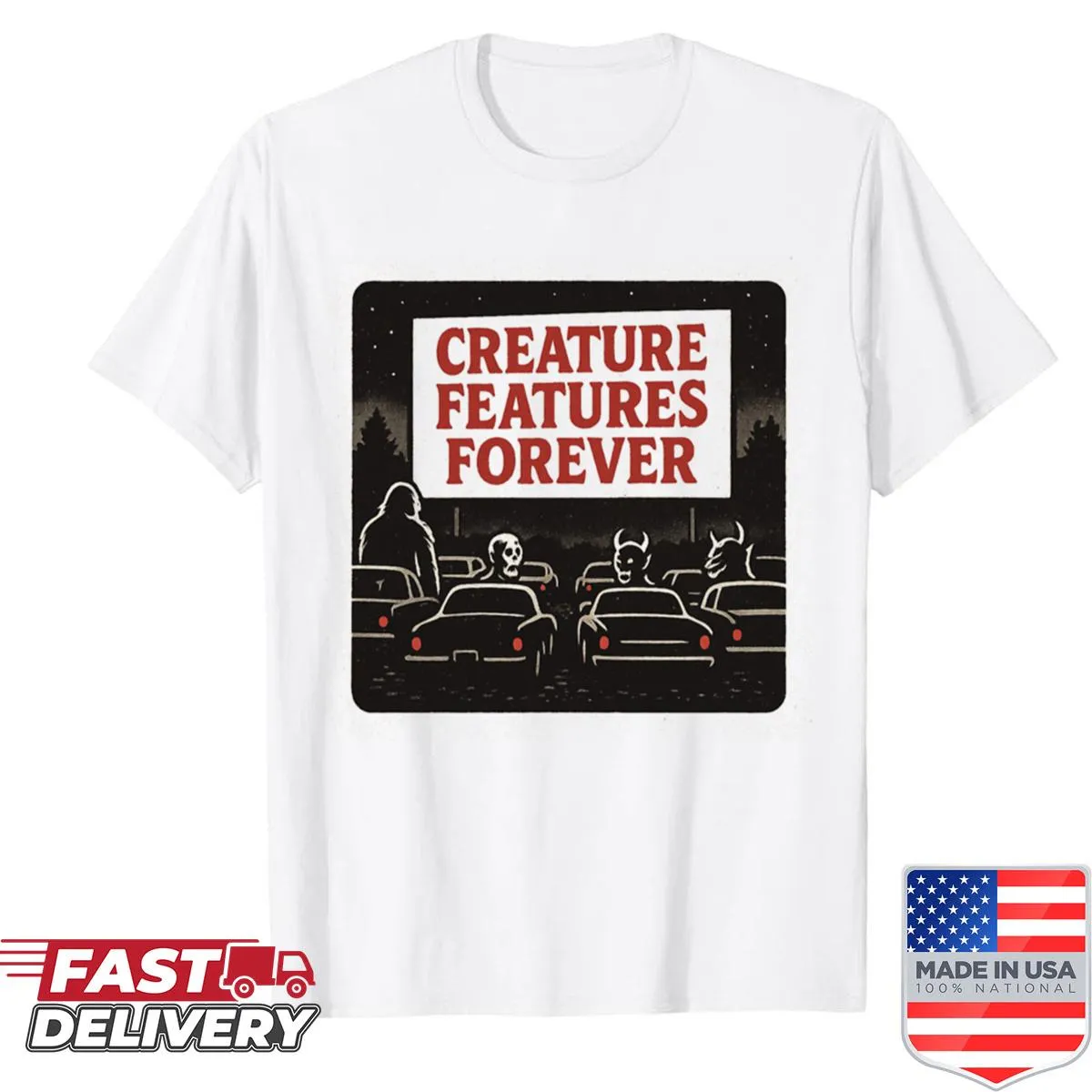Retro drive-in movie shirt with classic monster movie graphics