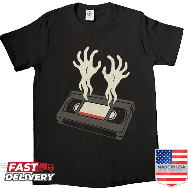 Haunted VHS tape design on a vintage-style horror shirt