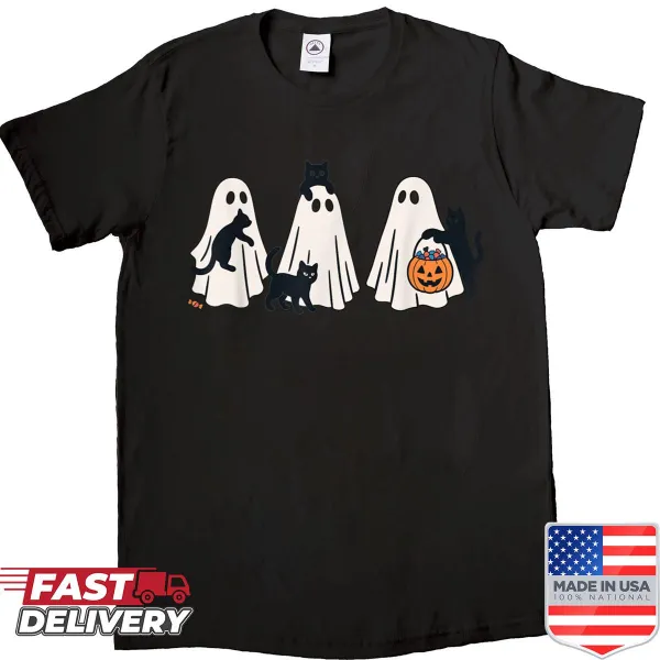 Funny Halloween shirt with cute black cats and ghosts.