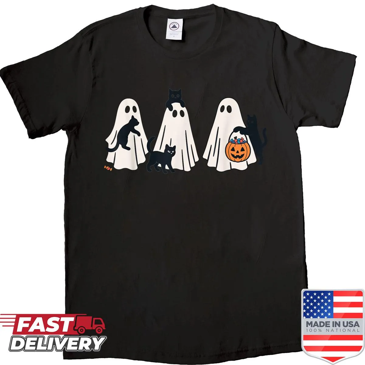 Funny Halloween shirt with cute black cats and ghosts.
