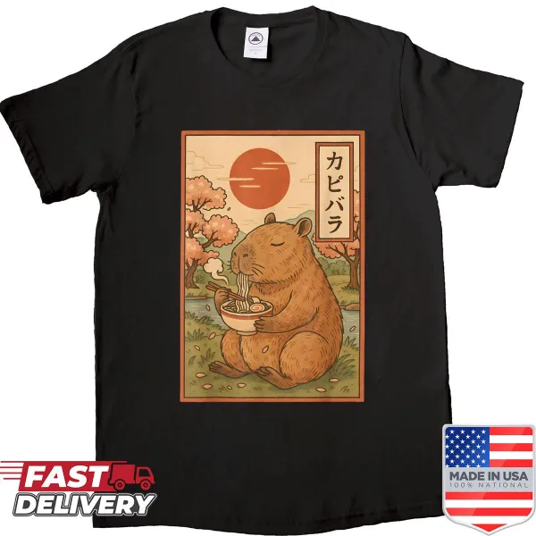 Cute capybara with ramen in a playful anime style design