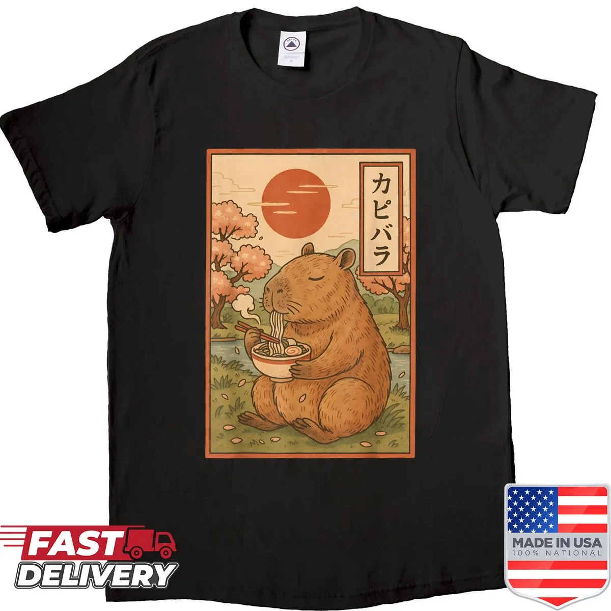 Cute capybara with ramen in a playful anime style design