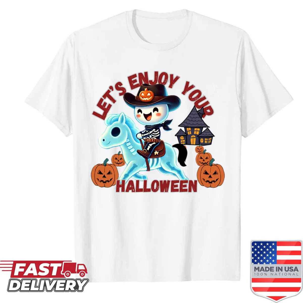 Cowboy skeleton riding a ghost horse on a shirt