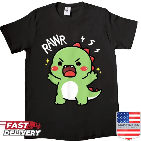 Kawaii dinosaur graphic with 'Rawr' text on shirt