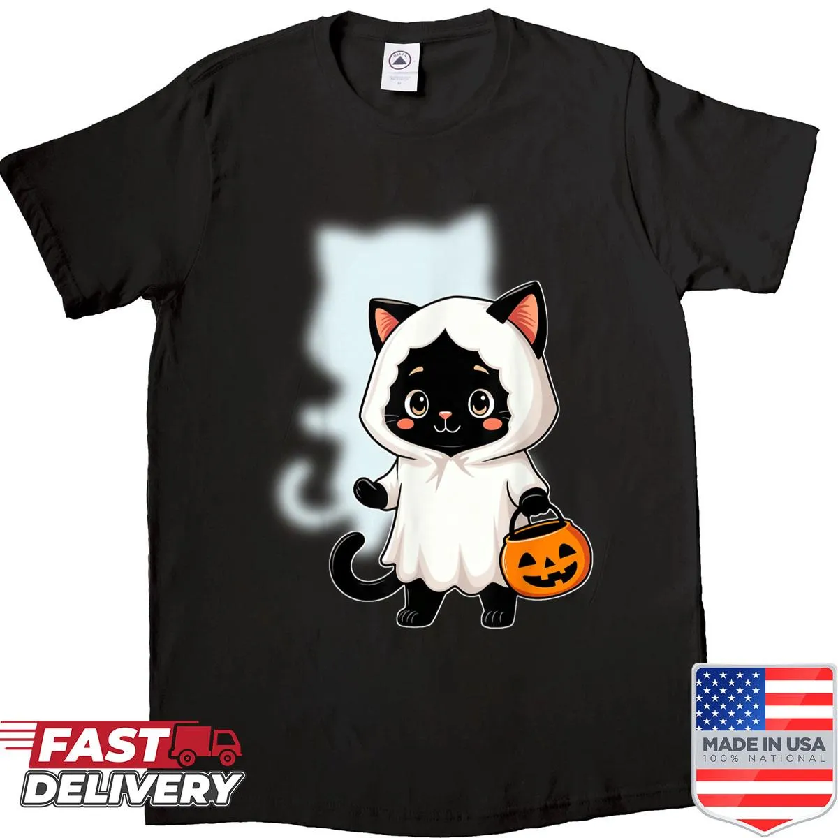 Halloween shirt featuring a wizard cat and ghost cartoon design.