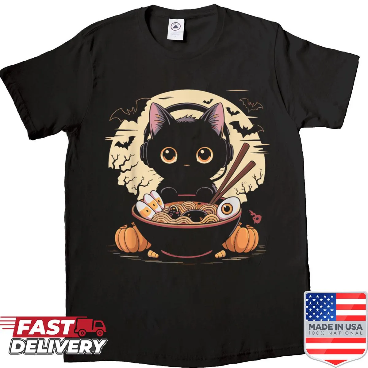 Retro gaming shirt featuring a cute cat and ramen bowl for Halloween.