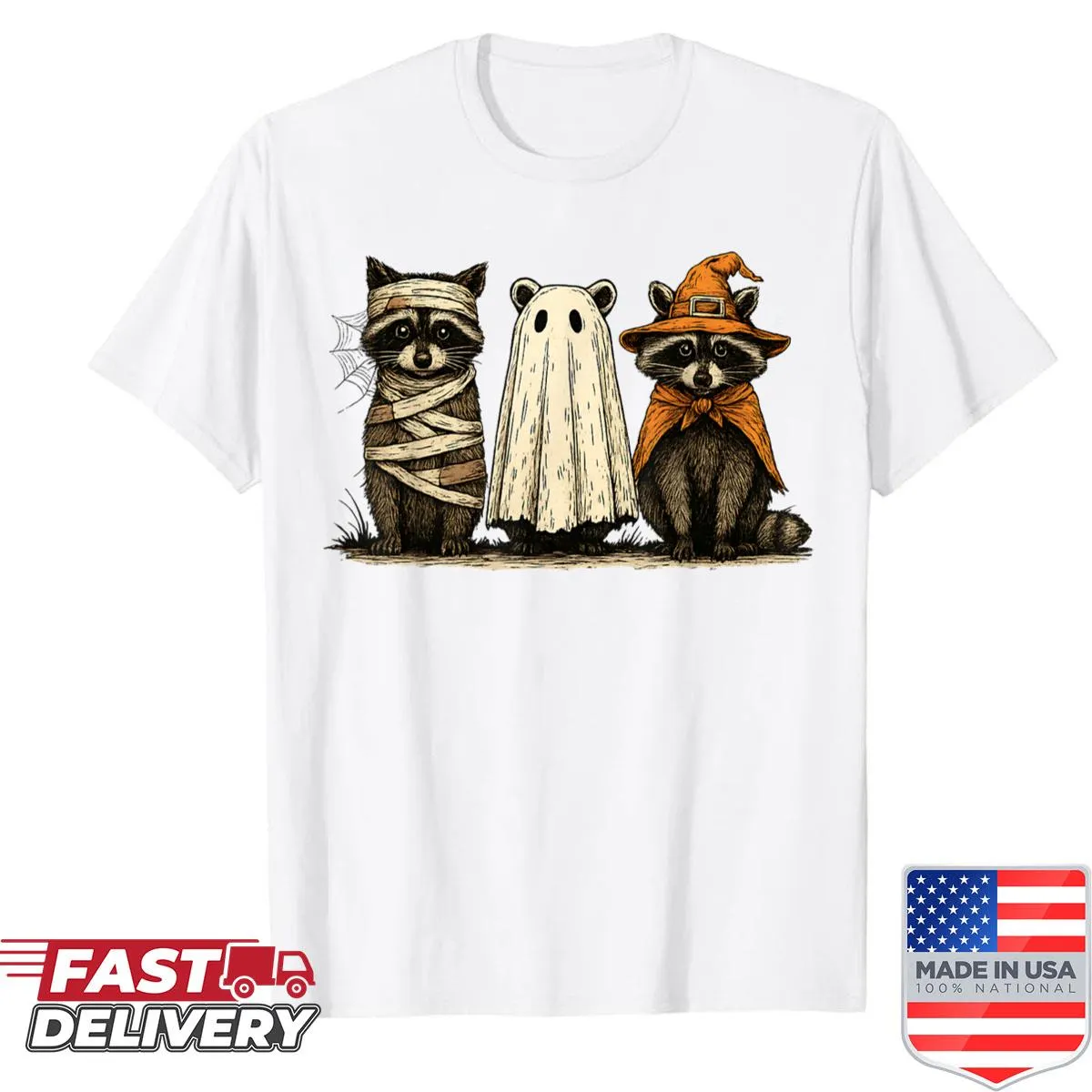 Cute Halloween t-shirt with raccoon ghost witch graphic
