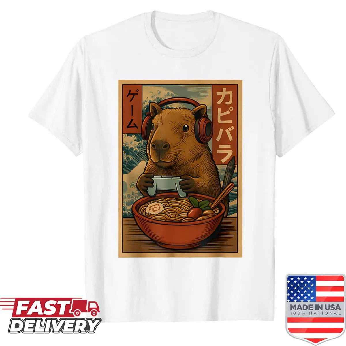 Kawaii shirt featuring a capybara and ramen design for gamers