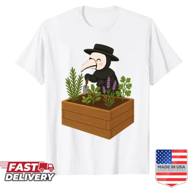Cute illustration shirt of a plague doctor gardening in a raised herb bed