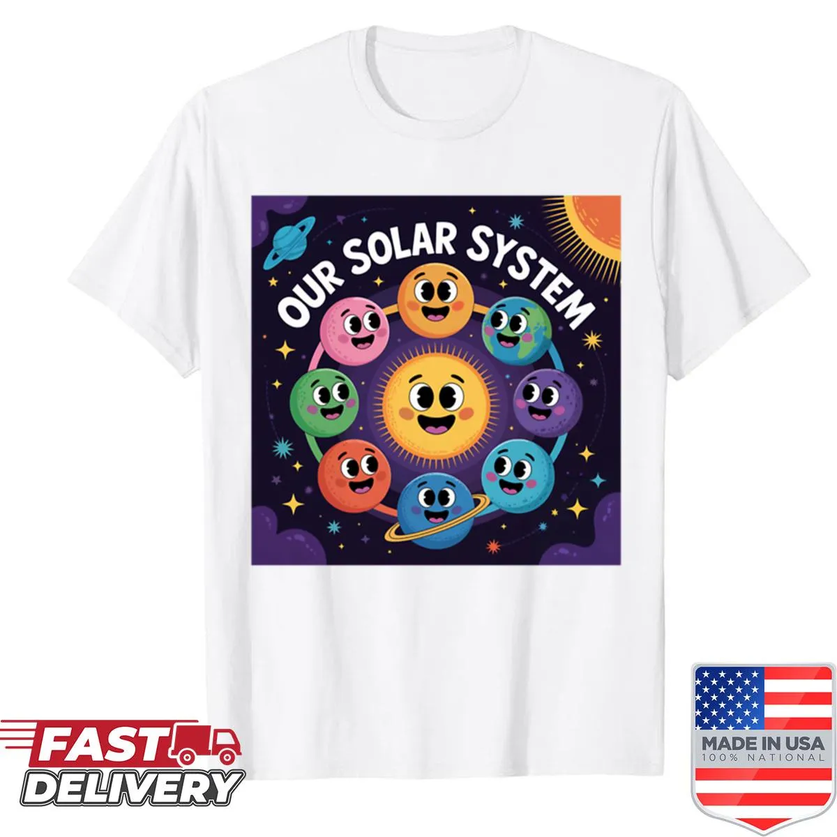 Adorable shirt featuring a cute illustration of the solar system planets.