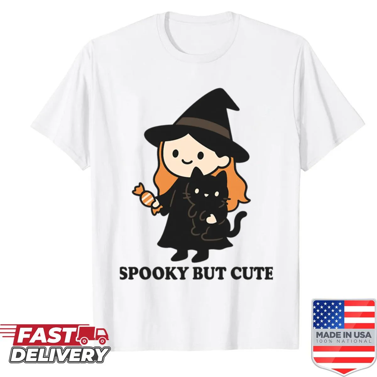 Cute witch and black cat in kawaii style on a shirt