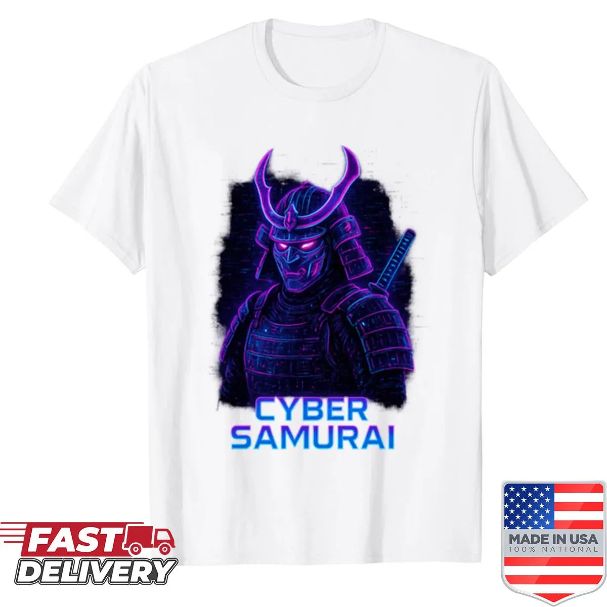 Neon warrior graphic on Cyber Samurai shirt