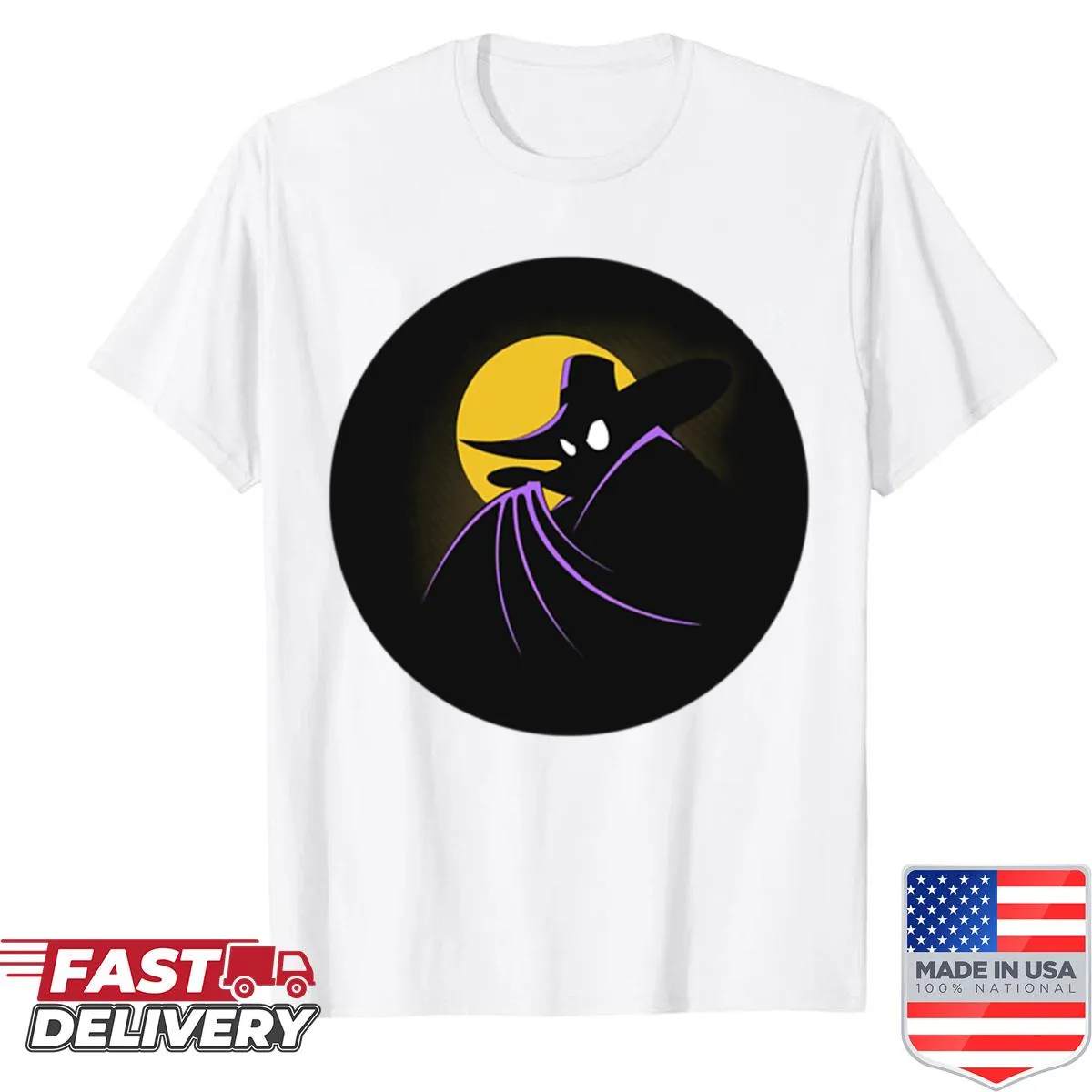 Cartoon graphic of Darkwing Duck in classic pose on shirt