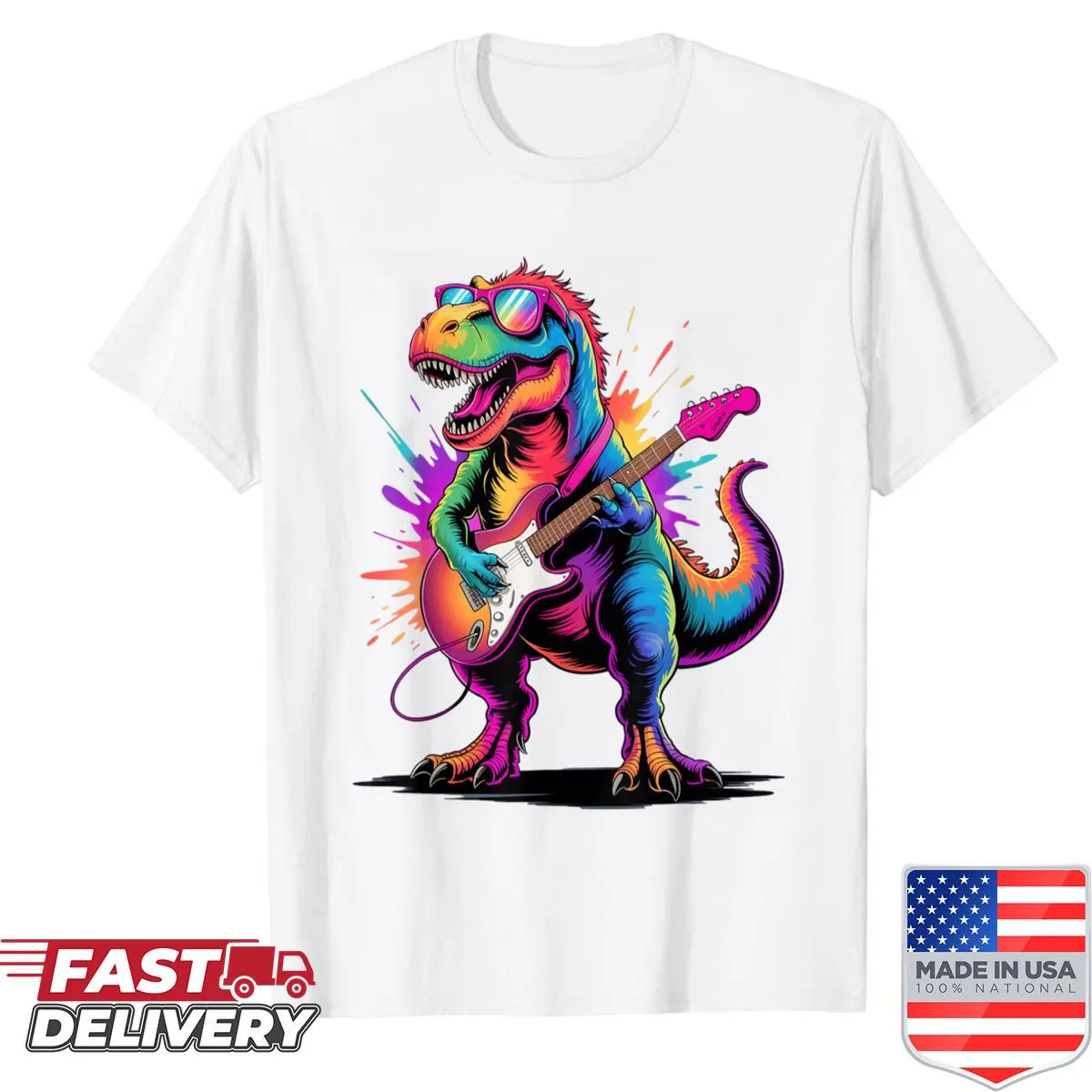 T-Rex dinosaur playing guitar illustrated on t-shirt