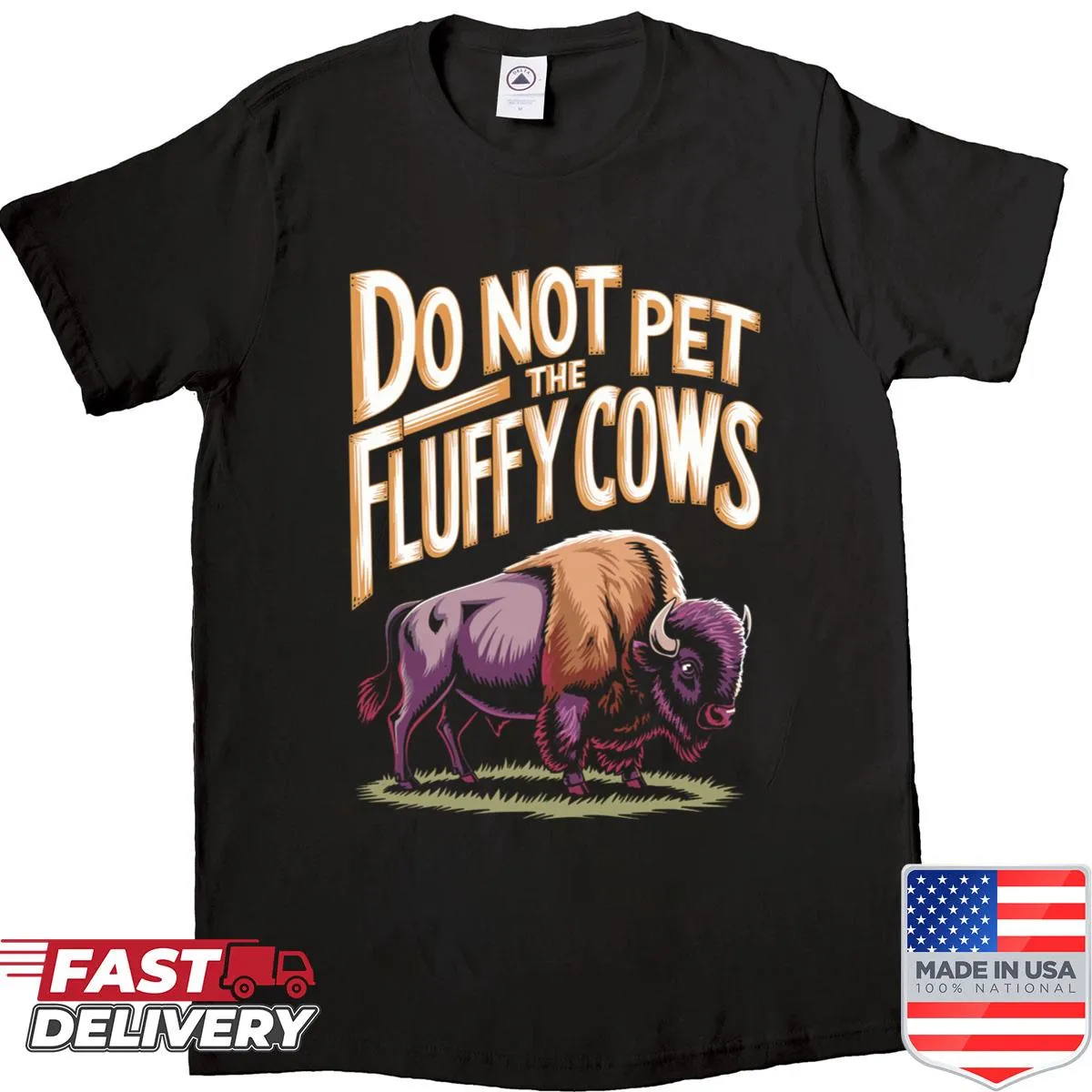 Text shirt with humorous warning about fluffy cows