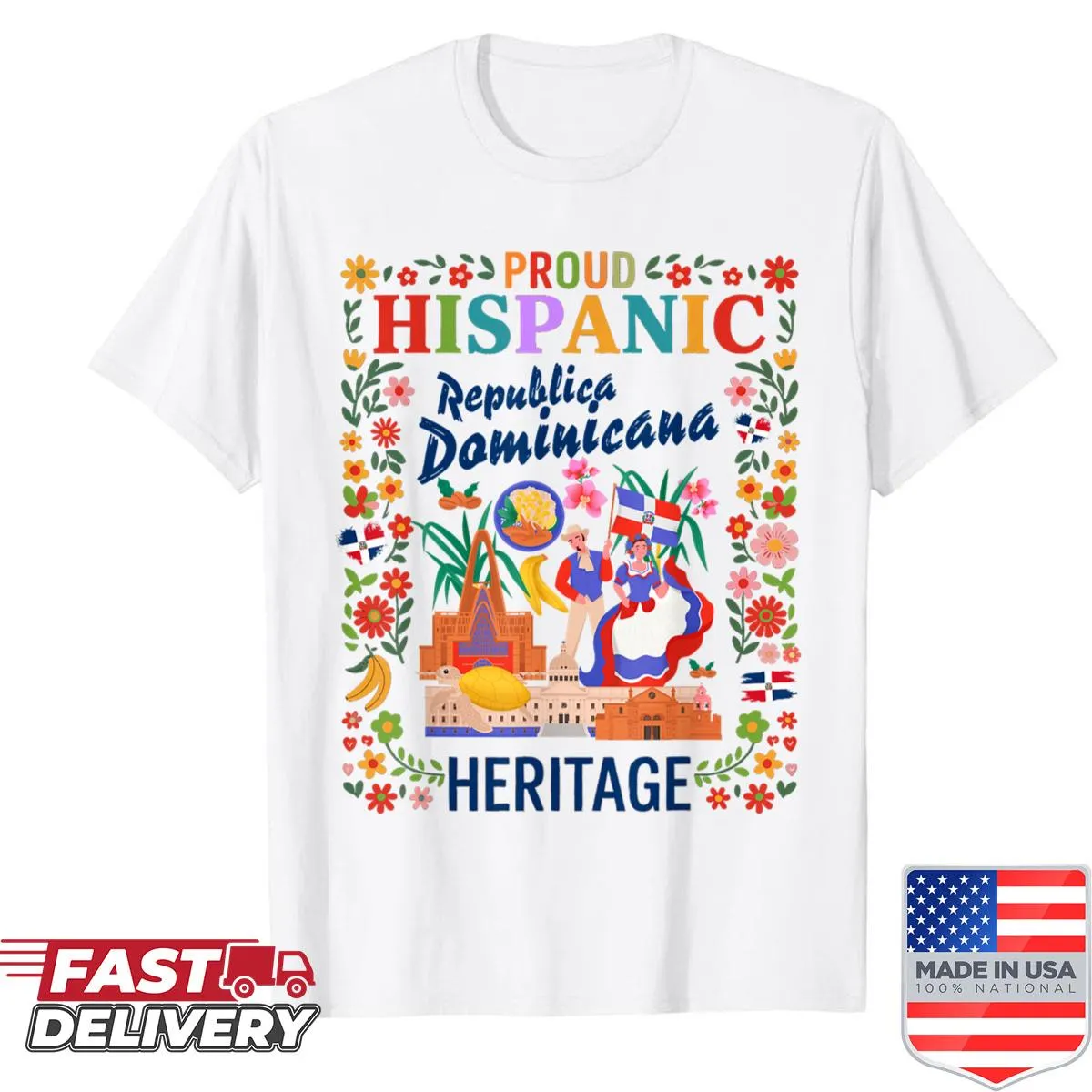 Dominican flag shirt celebrating Hispanic Heritage Month.