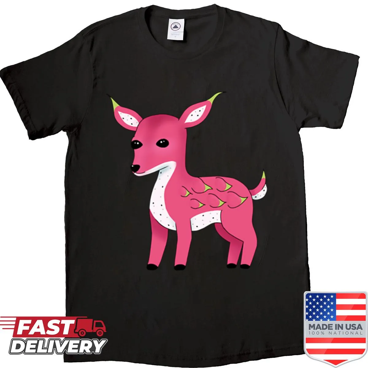 Whimsical shirt featuring a deer and dragon fruit illustration
