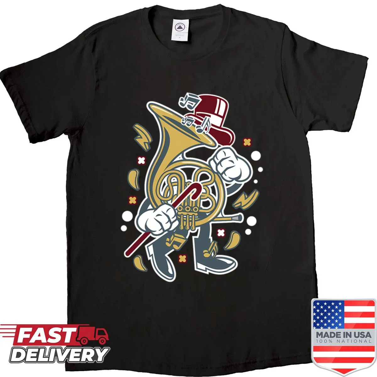 Cartoon design shirt featuring a British horn street scene