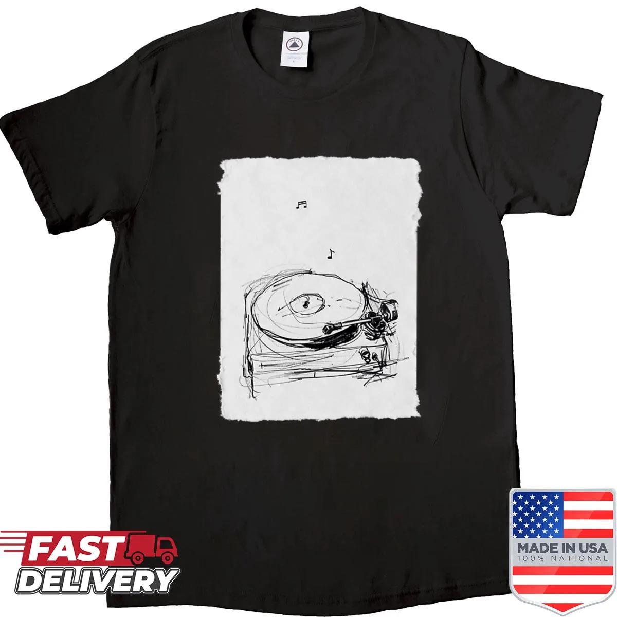 Minimal line-art sketch of a turntable with musical notes