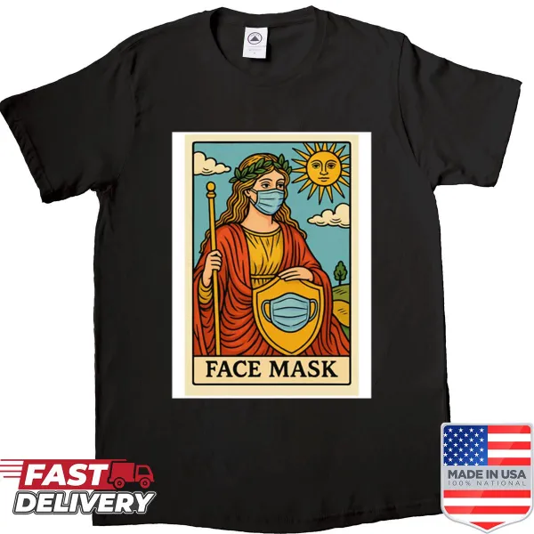 Funny shirt featuring face masks, tarot cards, pizza, and memes