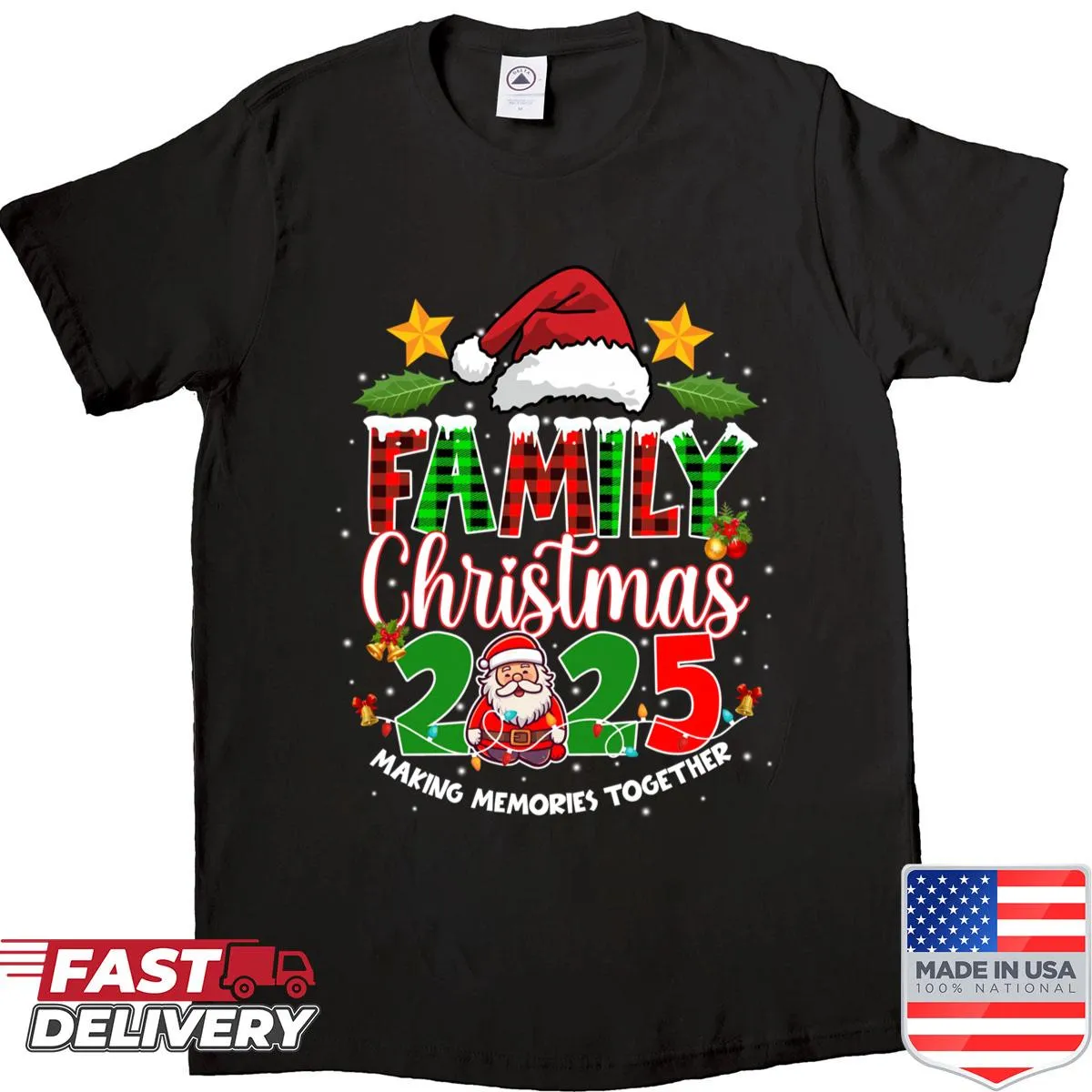 Matching family Christmas shirt with Santa hat illustration for 2025