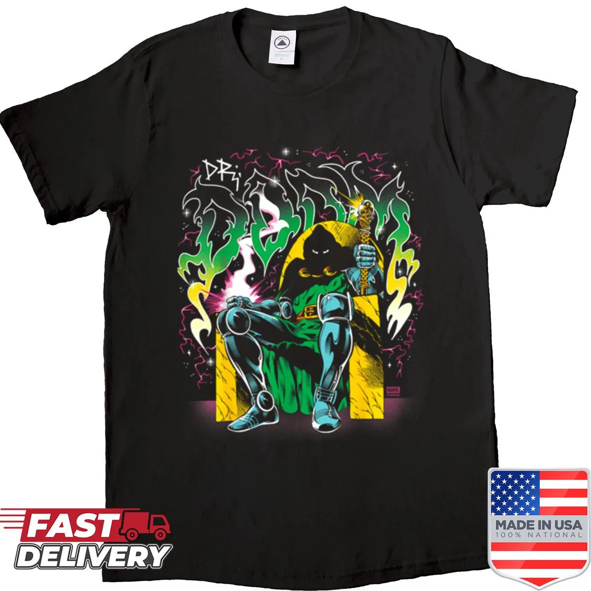 Dr. Doom shirt from Fantastic Four featuring bold metal artwork
