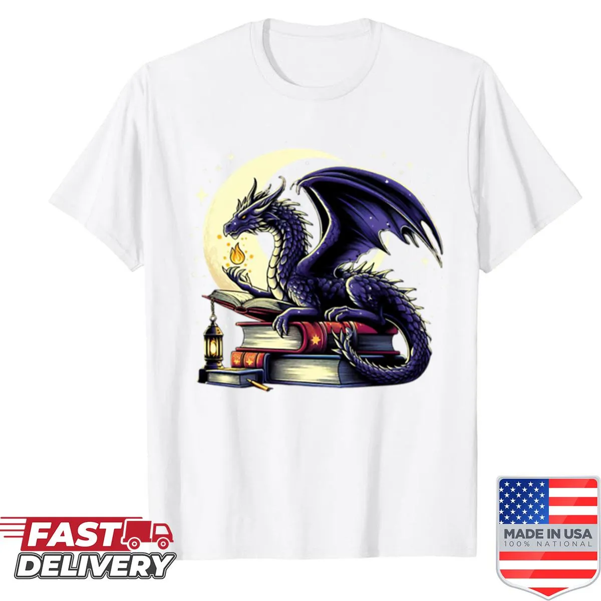 Whimsical dragon on books shirt design