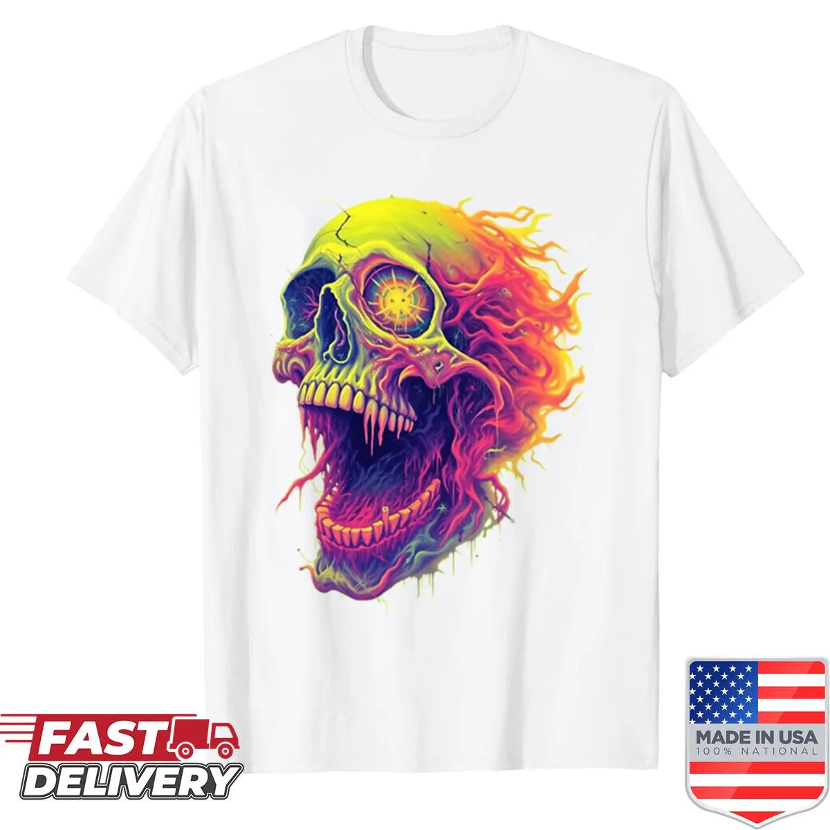 Bold flaming skull graphic on a black shirt