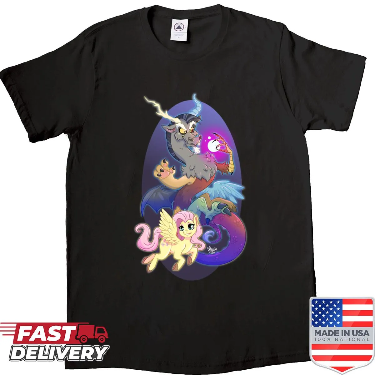 Illustration of Fluttershy and Discord on shirt