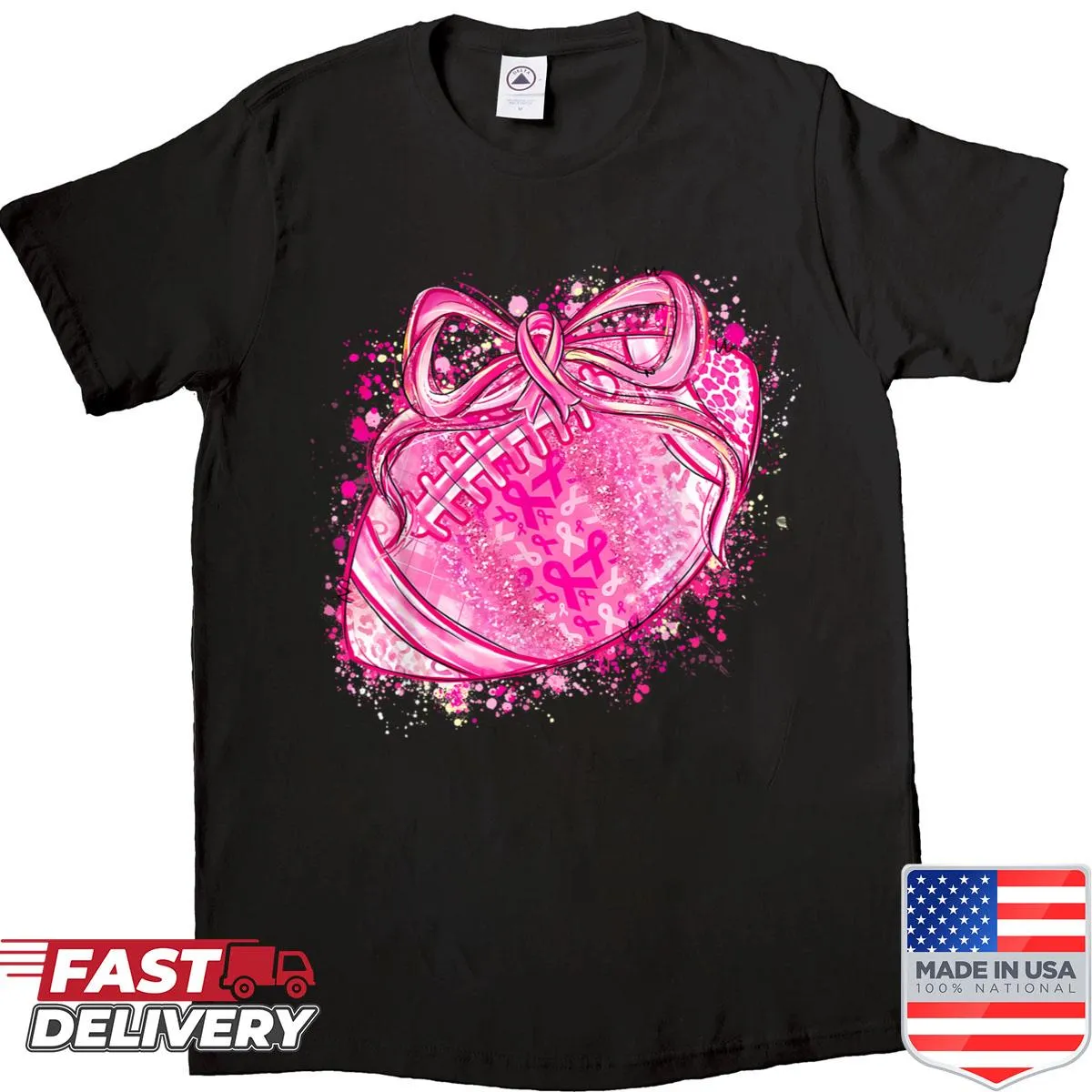 Whimsical shirt with football and pink bow for breast cancer awareness